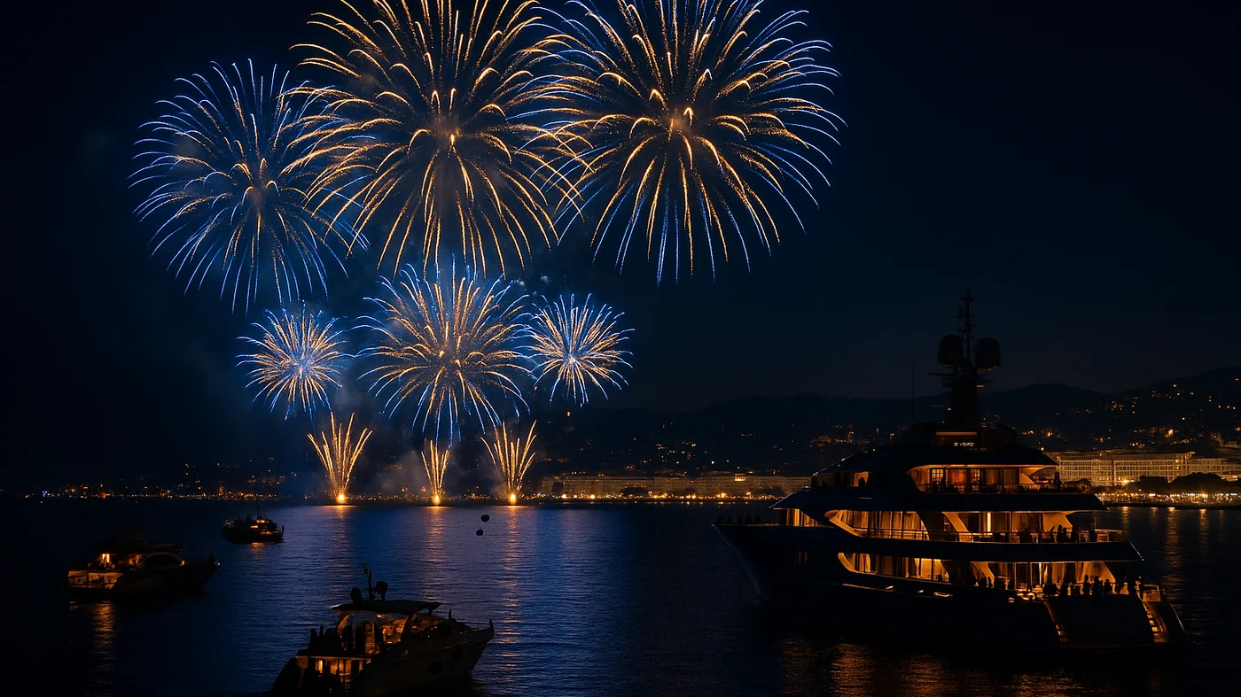 Bastille Day fireworks over the Bay of Cannes with luxury yachts anchored in the foreground - Yacht Cannes