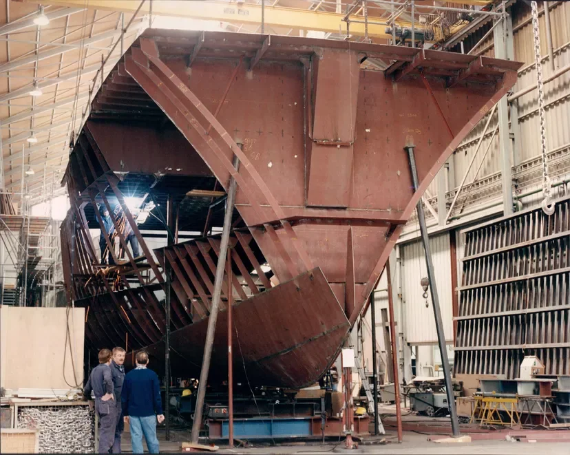 A Feadship hull under construction