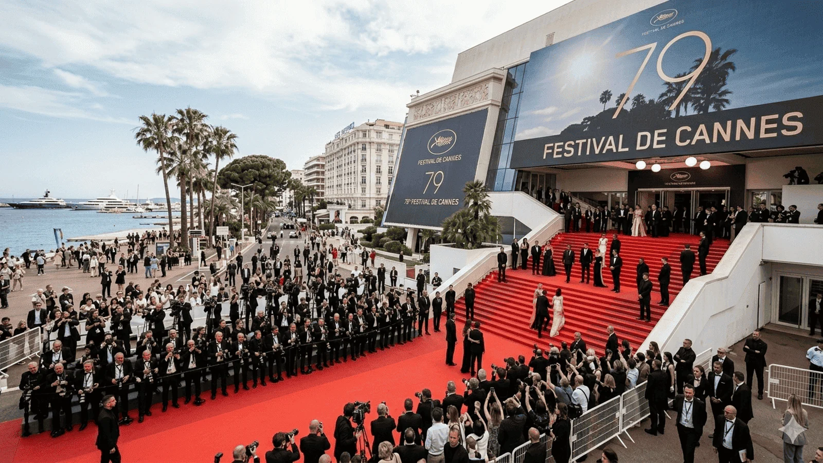 Luxury superyacht moored on the Croisette during the Cannes Film Festival at golden hour